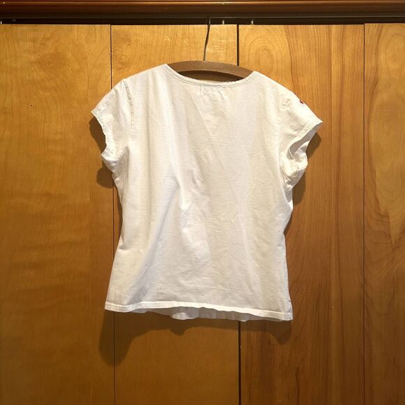 Vintage AMI Embroidered Lace Trim V neck‎ Top-Sz L-Cap Sleeve-Boho-Cottagecore - Picture 9 of 11